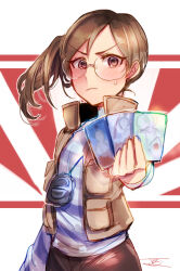 Rule 34 | 1girl, ace attorney, blue shirt, blush, brown eyes, brown hair, brown vest, card, frown, holding, holding card, lgw7, long hair, looking at viewer, penny nichols, shirt, simple background, sketch, solo, standing, striped clothes, striped shirt, sweatdrop, trading card, two-tone shirt, vest, walkie-talkie, white shirt