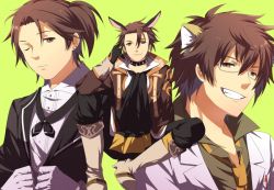Rule 34 | 3boys, alternate costume, alternate hairstyle, alvin (tales), animal ears, ascot, bad id, bad pixiv id, bespectacled, boots, brown eyes, brown hair, cat boy, cat ears, choker, formal, glasses, gloves, grin, kemonomimi mode, knee boots, lab coat, male focus, multiple boys, necktie, official alternate costume, one eye closed, pants, rabbit ears, shibanashi miso, side ponytail, sitting, smile, suit, tales of (series), tales of xillia, una, wink