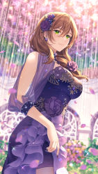 Rule 34 | 1girl, alternate costume, bare shoulders, blurry, blurry background, breasts, brown hair, bshi edayo, closed mouth, dress, earrings, falling petals, flower, frilled skirt, frills, from below, genshin impact, green eyes, hair between eyes, hair flower, hair ornament, hair over shoulder, highres, jewelry, large breasts, lisa (genshin impact), long hair, low tied hair, nail polish, petals, purple dress, purple flower, purple nails, purple rose, rose, skirt, solo, standing