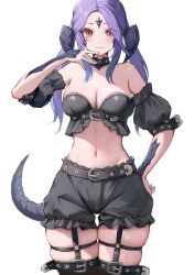 Rule 34 | 1girl, au ra, belt, black shorts, black sleeves, black tube top, blush, breasts, cleavage, closed mouth, commentary, cowboy shot, detached sleeves, dragon girl, dragon horns, dragon tail, final fantasy, final fantasy xiv, frilled shorts, frills, hand on own hip, hand up, highres, horns, large breasts, long hair, looking at viewer, midriff, navel, puffy short sleeves, puffy sleeves, purple hair, red eyes, scales, short sleeves, shorts, simple background, skindentation, solo, straight-on, strapless, tail, thigh gap, torisanff14, tube top, warrior of light (ff14), white background