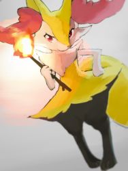 Rule 34 | 1girl, animal ear fluff, animal ears, animal hands, animal nose, black fur, blurry, body fur, braixen, closed mouth, creatures (company), depth of field, dutch angle, female focus, fire, flat chest, fox ears, fox girl, fox heart, fox tail, full body, game freak, gen 6 pokemon, grey background, hand on own hip, hand up, happy, holding, holding stick, jpeg artifacts, looking at viewer, nintendo, pokemon, pokemon (creature), red eyes, simple background, smile, snout, solo, standing, stick, tail, white fur, yellow fur