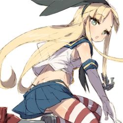 Rule 34 | 1girl, alchera, anchor hair ornament, black hairband, black neckerchief, black panties, blonde hair, blue sailor collar, blue skirt, crop top, elbow gloves, from behind, gloves, grey eyes, hair ornament, hairband, highleg, highleg panties, kantai collection, long hair, looking at viewer, microskirt, miniskirt, neckerchief, panties, pleated skirt, sailor collar, shimakaze (kancolle), simple background, skirt, solo, striped clothes, striped thighhighs, thighhighs, underwear, white background, white gloves
