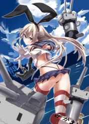 Rule 34 | 10s, 1girl, :3, anchor, anchor hair ornament, ass, battleship, black panties, blonde hair, blush, brown eyes, cloud, crop top, crop top overhang, elbow gloves, g-string, gloves, hair ornament, hairband, highleg, highleg panties, highres, kantai collection, long hair, looking at viewer, looking back, md5 mismatch, midriff, military, military vehicle, panties, personification, rensouhou-chan, resolution mismatch, shimakaze (kancolle), shiny skin, ship, skindentation, skirt, sky, solo, source smaller, striped clothes, striped thighhighs, thighhighs, thong, tsuuhan, underwear, warship, watercraft, whale tail (clothing), white gloves