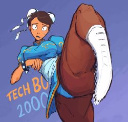 Rule 34 | 1girl, boots, bracelet, brown hair, capcom, chinese clothes, chun-li, jewelry, kicking, leg up, muscular, muscular female, panties, plow (witch parfait), spiked bracelet, spikes, street fighter, thong, underwear