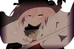 Rule 34 | 1boy, armor, astolfo (fate), black bow, bow, braid, cape, closed mouth, fate/apocrypha, fate (series), glowing, glowing eyes, hair between eyes, hair bow, hiiragi fuyuki, holding, holding sword, holding weapon, looking at viewer, male focus, pink hair, purple eyes, simple background, single braid, solo, sword, trap, upper body, weapon, white background, white cape