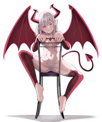Rule 34 | 1girl, breasts, chair, colored eyelashes, demon girl, demon horns, demon tail, demon wings, fangs, highres, horns, jourd4n, long hair, looking at viewer, navel, original, rayzel (jourd4n), red eyes, red horns, revealing clothes, sitting, small breasts, solo, tail, white hair, wings