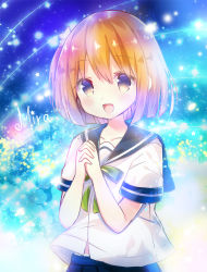 Rule 34 | 1girl, :d, bitter crown, black sailor collar, black skirt, blush, bow, brown eyes, brown hair, character name, collarbone, commentary request, green bow, hair between eyes, hair ornament, hands up, koisuru asteroid, konohata mira, looking at viewer, open mouth, own hands clasped, own hands together, pleated skirt, sailor collar, school uniform, serafuku, shirt, short hair, short sleeves, skirt, smile, solo, star (symbol), star hair ornament, upper body, white shirt