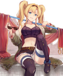 Rule 34 | 10s, 1girl, bare shoulders, black footwear, black skirt, blonde hair, blue eyes, blush, braid, breasts, chokuro, cleavage, coat, collarbone, crop top, french braid, granblue fantasy, green jacket, hair between eyes, hair ornament, hairband, highres, holding, holding removed eyewear, impossible clothes, jacket, large breasts, lips, long hair, looking at viewer, md5 mismatch, microskirt, midriff, miniskirt, navel, over shoulder, panties, pantyshot, parted bangs, parted lips, polearm, resolution mismatch, sidelocks, simple background, sitting, skirt, smile, solo, spear, sports bra, sunglasses, thighhighs, thighs, twintails, underwear, unworn eyewear, weapon, weapon over shoulder, white background, white panties, white thighhighs, zeta (dark) (granblue fantasy), zeta (granblue fantasy)