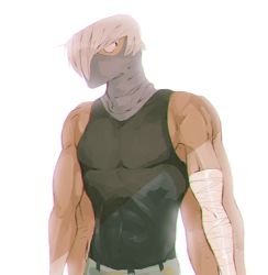 Rule 34 | 10s, 1boy, abs, ammeja, bandages, boku no hero academia, extra arms, hair over one eye, male focus, mask, shouji mezou, simple background, solo, white background, white hair
