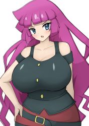 Rule 34 | 1girl, absurdres, alternate breast size, bare shoulders, black shirt, blue eyes, blush, breasts, curvy, hand on own hip, highres, huge breasts, jaga334, kirishima romin, long hair, looking at viewer, open mouth, purple hair, shirt, sidelocks, simple background, solo, very long hair, white background, wide hips, yu-gi-oh!, yu-gi-oh! sevens