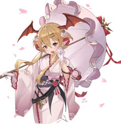 Rule 34 | 1girl, blonde hair, blush, breasts, cherry blossoms, cowboy shot, fang, flower, gloves, granblue fantasy, hair flower, hair ornament, hairclip, hand up, head wings, highres, holding, holding umbrella, japanese clothes, kimono, long hair, long sleeves, looking at viewer, open mouth, parasol, petals, pink gloves, pink kimono, pointy ears, red eyes, sidelocks, skin fang, small breasts, smile, solo, umbrella, vampy, wide sleeves, wings, wuzhu nis, yukata