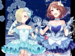 Rule 34 | 10s, 2girls, blonde hair, breasts, brown eyes, brown hair, dress, gem, gloves, hair over one eye, idolmaster, idolmaster cinderella girls, idolmaster cinderella girls starlight stage, jewelry, looking at viewer, lvetica, medium breasts, microphone, multiple girls, nagatomi hasumi, open mouth, pocket watch, shirasaka koume, short hair, small breasts, smile, thighhighs, tiara, watch