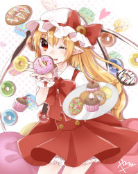 Rule 34 | 1girl, ;p, abe suke, blonde hair, bow, bowtie, cowboy shot, cupcake, doughnut, flandre scarlet, food, hair between eyes, hand to own mouth, hand up, hat, hat bow, hat ribbon, high-waist skirt, holding, holding food, holding plate, long hair, looking at viewer, mob cap, one eye closed, plate, pointy ears, red bow, red eyes, red ribbon, red skirt, red vest, ribbon, shirt, short sleeves, side ponytail, skirt, skirt set, slit pupils, smile, solo, standing, sweets, tongue, tongue out, touhou, vest, white shirt, wings, wrist cuffs