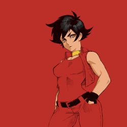 Rule 34 | 1girl, absurdres, alternate costume, belt, black gloves, black hair, breasts, brown eyes, capcom, casual, choker, contrapposto, denim, gloves, highres, jankojaro, jeans, makoto (street fighter), medium breasts, pants, red background, red pants, red theme, short hair, sleeveless, solo, standing, street fighter, tank top, tomboy, toned, vest, yellow choker