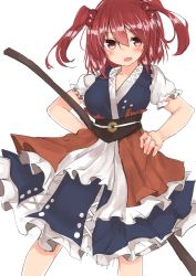 Rule 34 | 1girl, blush, breasts, frills, golgi hon, hair between eyes, hair bobbles, hair ornament, hands on own hips, highres, looking at viewer, medium breasts, obi, onozuka komachi, open mouth, red eyes, red hair, sash, short sleeves, simple background, smile, solo, standing, touhou, two side up, white background