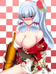 Rule 34 | 10s, 1girl, aged up, alternate breast size, bare shoulders, blue hair, blunt bangs, blush, bottle, breasts, checkered background, cleavage, collarbone, flower, hair flower, hair ornament, hakkai, highres, japanese clothes, kantai collection, kimono, large breasts, long hair, looking at viewer, murakumo (kancolle), off shoulder, ponytail, red eyes, sake bottle, sidelocks, smile, solo
