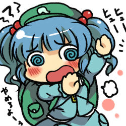 Rule 34 | 1girl, @ @, backpack, bag, blue hair, blush, female focus, hair bobbles, hair ornament, hat, kawashiro nitori, key, long sleeves, open mouth, short hair, solo, toto (hitori othello), touhou, twintails, two side up