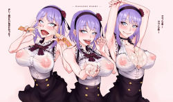 Rule 34 | 10s, 1girl, ahegao, arms up, between breasts, blue eyes, blush, breasts, cleavage, covered erect nipples, cupping hand, dagashi kashi, double v, fellatio gesture, flower, food, food on clothes, food on face, hair flower, hair ornament, hairband, inverted nipples, large breasts, looking at viewer, messy, nail polish, nipples, no bra, oishinbo, open mouth, popsicle, purple hair, see-through, sexually suggestive, shidare hotaru, short hair, shoujo donburi, smile, solo, suggestive fluid, text focus, tongue, tongue out, translation request, umaibou, v