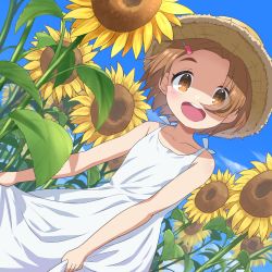 Rule 34 | 1girl, :d, absurdres, bare arms, bare shoulders, blue sky, bow, brown eyes, brown hair, brown hat, cloud, collarbone, commentary request, day, dress, dutch angle, flower, hair bow, hair ornament, hairclip, hat, highres, idolmaster, idolmaster cinderella girls, looking at viewer, open mouth, outdoors, parted bangs, red bow, round teeth, ryuzaki kaoru, short hair, sky, sleeveless, sleeveless dress, smile, solo, straw hat, sunflower, teeth, thick eyebrows, upper teeth only, white dress, yama tatsuo, yellow flower