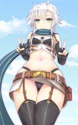 Rule 34 | 1girl, absurdres, belt, belt pouch, black gloves, black panties, black thighhighs, breasts, cloud, cloudy sky, cowboy shot, day, double v, eiyuu densetsu, elbow gloves, falcom, fie claussell, fingerless gloves, from below, garter straps, gloves, green eyes, highres, looking at viewer, midriff, minazuki (jo), miniskirt, navel, o-ring, o-ring top, panties, pantyshot, pouch, scarf, sen no kiseki, short hair, silver hair, skindentation, skirt, sky, small breasts, smile, solo, standing, strapless, thighhighs, tube top, underwear, v