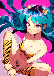 Rule 34 | 1girl, animal print, aqua hair, bare arms, bare shoulders, bikini, blush, boots, breasts, cleavage, closed mouth, collarbone, commentary request, cone horns, fingernails, full body, highres, horns, indian style, komekome chonpa, long hair, looking at viewer, lum, medium breasts, nail polish, navel, oni, shiny skin, simple background, sitting, stomach, strapless, strapless bikini, swimsuit, tiger print, urusei yatsura, yellow eyes