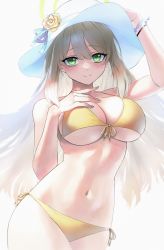 Rule 34 | 1girl, absurdres, arm up, bikini, blonde hair, blue archive, bracelet, breasts, closed mouth, flower, green eyes, hand up, hat, hat flower, highres, jewelry, kazane-wind, large breasts, long hair, navel, nonomi (blue archive), nonomi (swimsuit) (blue archive), side-tie bikini bottom, smile, solo, stomach, sun hat, swimsuit, white hat, wristband, yellow bikini