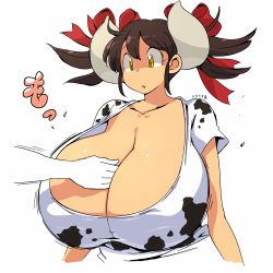 Rule 34 | 1girl, animal print, between breasts, breasts, brown hair, cleavage, cow girl, cow horns, cow print, cow tail, gigantic breasts, hair ribbon, hataraki ari, horns, motion lines, original, ribbon, shirt, short hair, simple background, solo, sukimi, t-shirt, tail, upper body, white background, yellow eyes