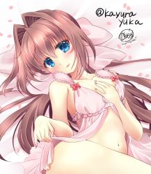 Rule 34 | 1girl, artist name, asakura otome, bare arms, bare legs, bare shoulders, bed sheet, blue eyes, blush, bow, breasts, brown hair, camisole, cherry blossoms, clothes lift, collarbone, commentary request, da capo, da capo ii, hair between eyes, hair bow, hand on own chest, highres, kayura yuka, long hair, looking at viewer, lying, nail polish, navel, no panties, on back, open mouth, pink ribbon, ribbon, shirt lift, signature, small breasts, solo