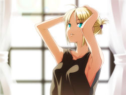 Rule 34 | 00s, 1girl, ahoge, alternate costume, armpits, arms up, artoria pendragon (all), artoria pendragon (fate), blonde hair, curtains, fate/stay night, fate (series), female focus, green eyes, hair ornament, hairclip, hands on own head, looking at viewer, nazo kichi, outstretched arms, saber (fate), short hair, solo, tank top, window