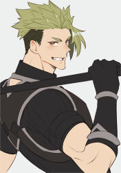 Rule 34 | 1boy, absurdres, achilles (fate), armor, black shirt, brown eyes, fate/apocrypha, fate (series), gauntlets, green hair, grey background, grin, haruakira, highres, holding, holding polearm, holding weapon, looking at viewer, male focus, muscular, muscular male, over shoulder, polearm, shirt, short hair, short sleeves, smile, solo, undercut, upper body, weapon, weapon over shoulder