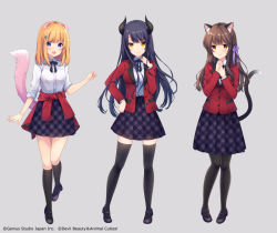 Rule 34 | 3girls, :d, animal ears, azu torako, black footwear, black hair, black socks, blazer, blue flower, blush, bow, breasts, brown eyes, brown hair, brown skirt, cat ears, cat girl, cat tail, clothes around waist, collared shirt, commentary request, curled horns, demon horns, dog ears, dog girl, dog tail, dress shirt, flower, grey background, hair bow, hair flower, hair ornament, hand on own hip, horns, jacket, jacket around waist, kneehighs, long hair, long sleeves, looking at viewer, medium breasts, multiple girls, official art, open clothes, open jacket, open mouth, orange hair, original, pantyhose, plaid, plaid skirt, pleated skirt, purple bow, purple eyes, red jacket, shirt, shoes, short sleeves, simple background, skirt, smile, socks, standing, tail, tail raised, thighhighs, very long hair, watermark, white shirt, yellow eyes
