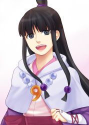 Rule 34 | 1girl, :d, ace attorney, bead necklace, beads, black eyes, black hair, hair bun, hood, janelle, japanese clothes, jewelry, long hair, looking at viewer, magatama, maya fey, necklace, open mouth, phoenix wright: ace attorney - spirit of justice, sidelocks, single hair bun, smile, solo, upper body