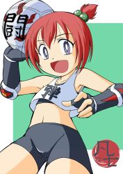 Rule 34 | 1girl, :d, absurdres, ball, bike shorts, black shorts, blue eyes, bonsichi, bright pupils, crop top, dodgeball, elbow pads, female focus, fingerless gloves, gloves, hair bobbles, hair ornament, highres, holding, holding ball, honoo no toukyuujo: dodge danko, ichigeki danko, looking at viewer, midriff, navel, one side up, open mouth, red hair, shorts, smile, solo, white pupils