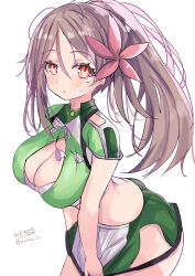 1girl absurdres amagi_(kancolle) amagi_kai_(kancolle) breasts brown_hair cleavage_cutout clothing_cutout crop_top flower hair_flower hair_ornament highres hizaka kantai_collection large_breasts looking_at_viewer miniskirt mole mole_under_eye navel ponytail red_eyes skirt skirt_tug solo twitter_username