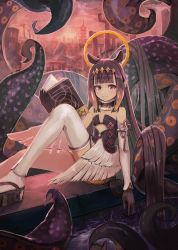 Rule 34 | 1girl, ao-chan (ninomae ina&#039;nis), black gloves, book, dress, gloves, hair ornament, halo, highres, holding, holding book, hololive, hololive english, long hair, looking at viewer, low wings, mole, mole under eye, necktie, ninomae ina&#039;nis, ninomae ina&#039;nis (1st costume), pointy ears, purple eyes, renkoma, ruins, sandals, sitting, smile, solo, tentacle hair, tentacles, thighhighs, very long hair, virtual youtuber, white hair, white thighhighs, wings