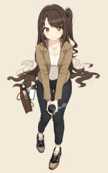 Rule 34 | 1girl, absurdres, bag, blush, brown eyes, brown hair, capri pants, cellphone, cloba, commentary request, cup, denim, disposable cup, full body, half updo, handbag, highres, holding, holding cup, idolmaster, idolmaster cinderella girls, jacket, jewelry, long hair, looking at viewer, necklace, one side up, open clothes, open jacket, pants, partial commentary, phone, shimamura uzuki, shirt, shoes, simple background, sitting, smartphone, smile, sneakers, solo, star (symbol), star necklace, thigh gap, umbrella, very long hair, watch, wristwatch
