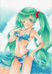 Rule 34 | 1girl, :p, bikini, colored pencil (medium), day, green eyes, green hair, hand on own hip, hatsune miku, highres, long hair, marker (medium), mary0524, matching hair/eyes, millipen (medium), navel, one eye closed, scrunchie, side-tie bikini bottom, solo, striped bikini, striped clothes, swimsuit, tongue, tongue out, traditional media, twintails, very long hair, vocaloid, water, wink