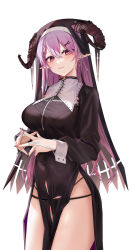 Rule 34 | 1girl, breasts, bridal gauntlets, curled horns, earrings, hair between eyes, hair ornament, highres, horns, jewelry, long hair, looking at viewer, medium breasts, mole, mole under eye, nail polish, nun, original, pink hair, pointy ears, red eyes, ru zhai, simple background, smile, solo, white background, x hair ornament