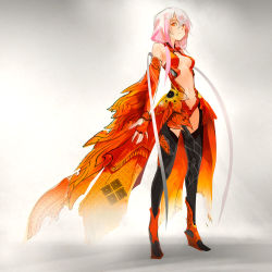 Rule 34 | 10s, 1girl, boots, center opening, detached sleeves, fingerless gloves, flame print, gloves, guilty crown, hair ornament, hairclip, highres, navel, outstretched hand, patipat asavasena, pink hair, red eyes, solo, thighhighs, yuzuriha inori