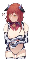 Rule 34 | 1girl, absurdres, animal ears, animal print, bell, breasts, cow ears, cow girl, cow horns, cow print, cow print thighhighs, cup, elbow gloves, embarrassed, ensemble stars!, facing viewer, genderswap, genderswap (mtf), gloves, highres, holding, holding cup, horns, looking to the side, lummy yummy, medium breasts, multicolored hair, neck bell, nipples, print thighhighs, red hair, sakasaki natsume, short hair with long locks, solo, spoken blush, white background, white hair, yellow eyes