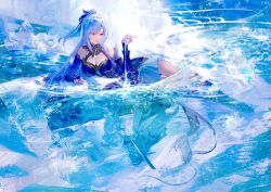 Rule 34 | 1girl, bare shoulders, black gloves, blue sleeves, cup, detached sleeves, gloves, high ponytail, highres, holding, holding cup, honkai: star rail, honkai (series), jing yuan, jingliu (honkai: star rail), long hair, lying, on side, ponytail, red eyes, water, white hair, yud79317724