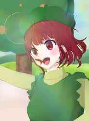 Rule 34 | 1girl, arima kana, bell pepper, blue sky, blush, bob cut, dress, green dress, green headwear, happy, highres, inverted bob, looking to the side, open mouth, oshi no ko, pepper, red eyes, red hair, short hair, sky, smile, solo, solo focus, tree