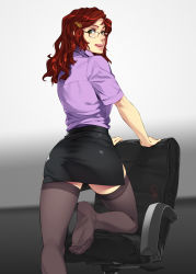 Rule 34 | 1girl, absurdres, ass, dress shirt, feet, feguimel, formal, glasses, green eyes, hair ornament, hairclip, highres, long hair, looking at viewer, looking back, no shoes, office lady, open mouth, original, pencil skirt, red hair, shirt, short sleeves, skirt, skirt suit, soles, solo, suit, thighhighs, toe scrunch, toes, watermark, zettai ryouiki