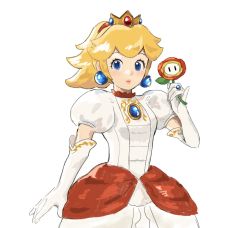 Rule 34 | 1girl, alternate costume, alternate hairstyle, blonde hair, blue eyes, blush, breasts, brooch, closed mouth, cowboy shot, crown, dress, earrings, elbow gloves, eyelashes, fire flower, fire peach, flower, gloves, hair tie, hand up, highres, holding, holding flower, jewelry, jors, lips, looking at viewer, mario (series), nintendo, open hand, pink lips, pinky out, ponytail, princess, princess peach, puffy short sleeves, puffy sleeves, red dress, ring, short hair, short sleeves, simple background, small breasts, smile, solo, standing, super mario 3d world, white background, white dress, white gloves
