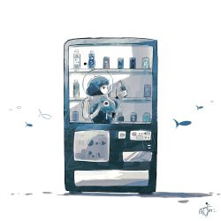 Rule 34 | 1girl, :t, absurdres, astronaut, black eyes, blue hair, bottle, closed mouth, commentary request, fish, highres, holding, jitome, kazunoko (kazunoko zunoco), looking at viewer, looking back, short hair, signature, simple background, solo, standing, upper body, vending machine, white background