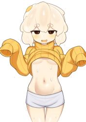 Rule 34 | 1girl, :d, black eyes, blush, breasts, commentary, egg, egg (lemyawn), english commentary, hands up, highres, jitome, long sleeves, looking at viewer, mikoscrub, navel, open mouth, original, ribbed sweater, short eyebrows, shorts, simple background, sleeves past fingers, sleeves past wrists, small breasts, smile, solo, standing, sweat, sweater, thick eyebrows, turtleneck, turtleneck sweater, underboob, white background, white hair, white shorts, yellow sweater