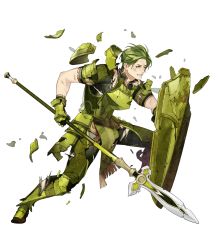 Rule 34 | 1boy, armor, armored boots, boots, fire emblem, fire emblem echoes: shadows of valentia, fire emblem heroes, forsyth (fire emblem), full body, gloves, green armor, green eyes, green hair, highres, injury, male focus, nintendo, official art, one eye closed, polearm, scar, shield, solo, spear, teeth, torn clothes, transparent background, weapon