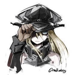 Rule 34 | 10s, 1girl, bismarck (kancolle), blonde hair, blue eyes, brown gloves, deel (rkeg), gloves, hand on headwear, hat, kantai collection, long hair, long sleeves, md5 mismatch, military, military uniform, peaked cap, resized, simple background, sketch, solo, twitter username, uniform, white background
