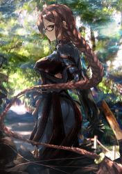 Rule 34 | 1girl, arms behind back, ass, backlighting, black dress, braid, brown eyes, brown hair, commentary, dappled sunlight, dress, earrings, fate/grand order, fate (series), feet out of frame, fence, glasses, highres, jewelry, long braid, long hair, looking at viewer, looking back, multiple earrings, outdoors, profile, round eyewear, sakazakinchan, sidelocks, smile, solo, stud earrings, sunlight, tree, very long hair, yu mei-ren (fate), yu mei-ren (first ascension) (fate)