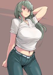 Rule 34 | 00s, 1girl, aged up, alternate costume, arm up, belt, blush, breasts, denim, fashion, green hair, grey hair, jeans, large breasts, long hair, navel, panties, pants, red eyes, rozen maiden, simple background, smile, solo, suigintou, tsuda nanafushi, underwear